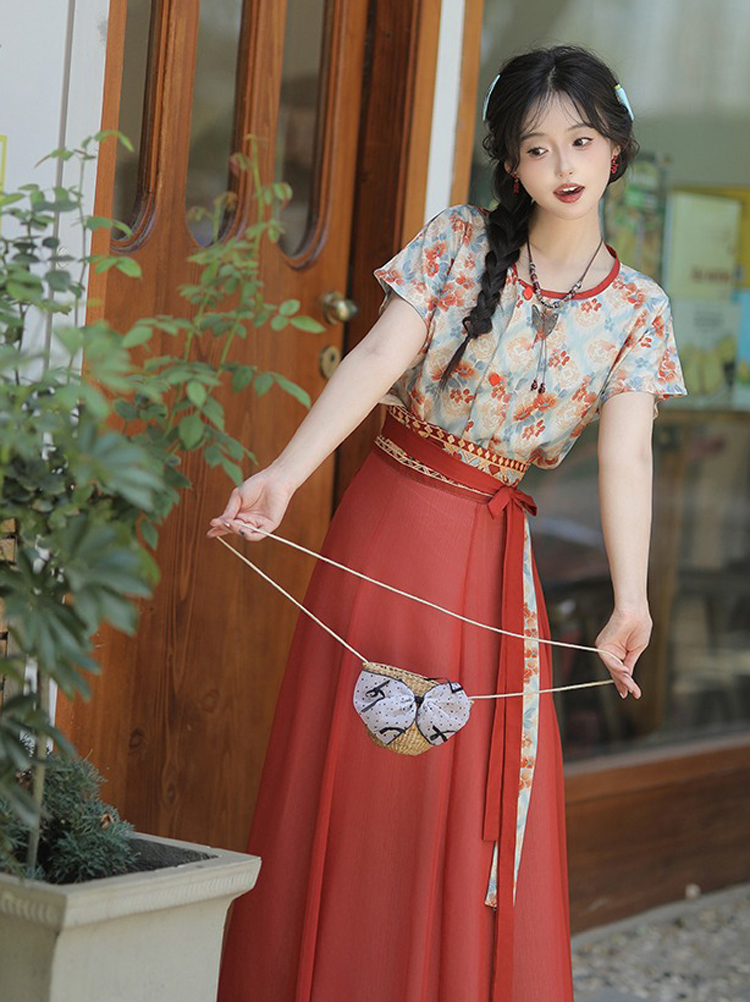 Tang Dynasty Casual hanfu Women Red Long Skirt for Everyday Wear