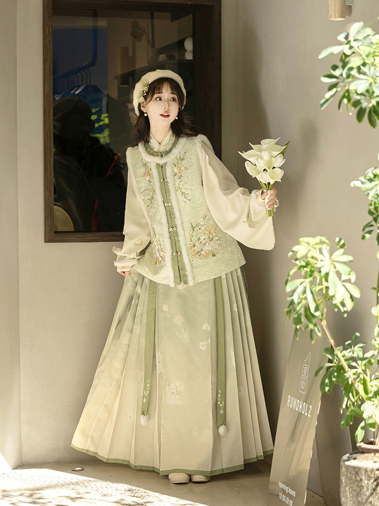 Winter Women Hanfu Fluffy Lining Ming Dynasty Mamian Qun Set