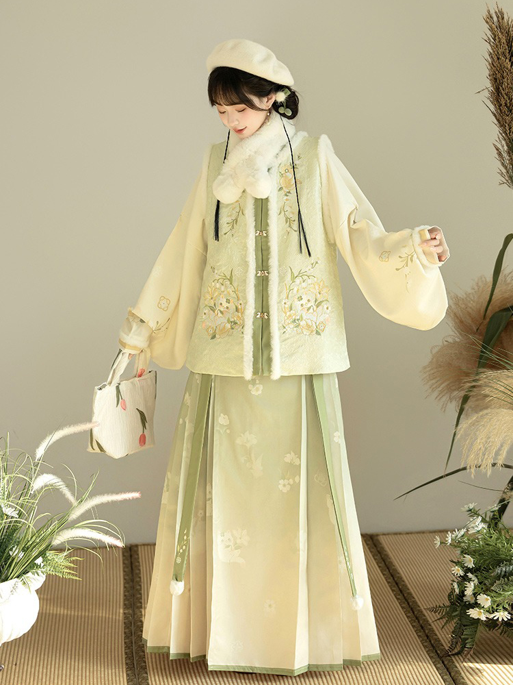Winter Women Hanfu Fluffy Lining Ming Dynasty Mamian Qun Set