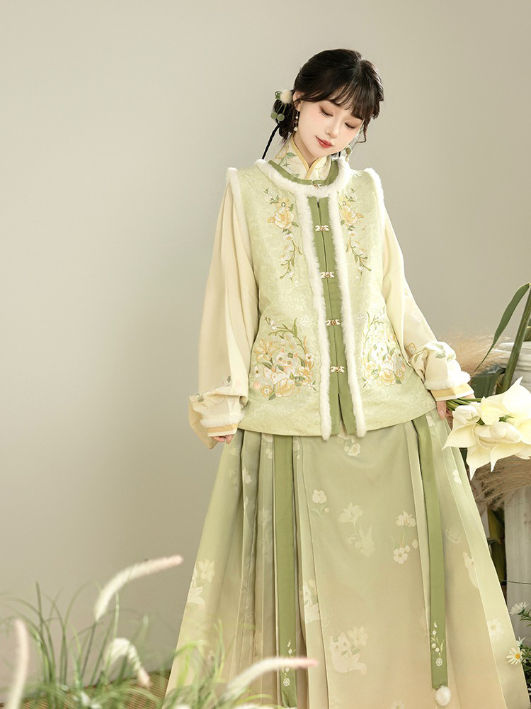 Winter Women Hanfu Fluffy Lining Ming Dynasty Mamian Qun Set