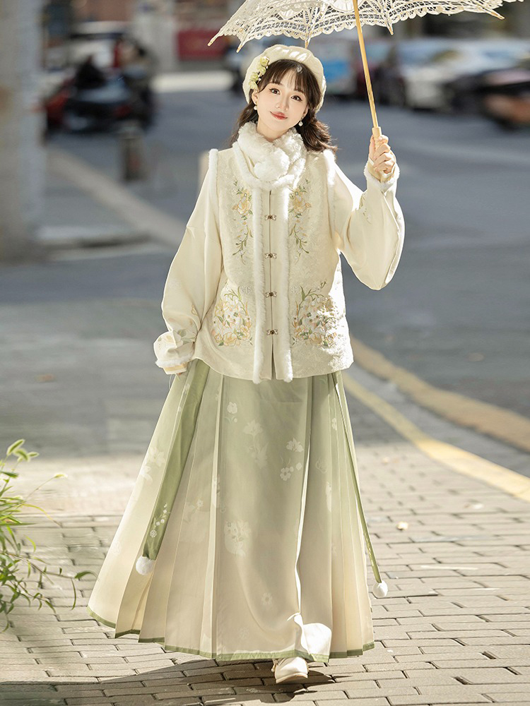Winter Women Hanfu Fluffy Lining Ming Dynasty Mamian Qun Set