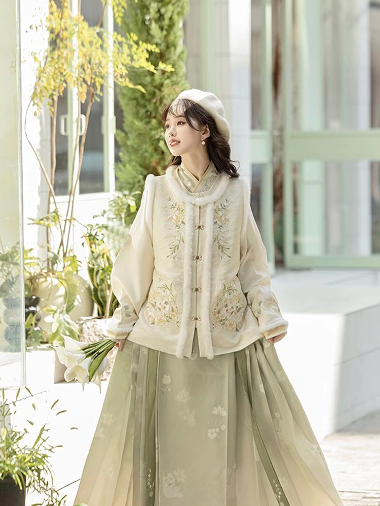 Winter Women Hanfu Fluffy Lining Ming Dynasty Mamian Qun Set