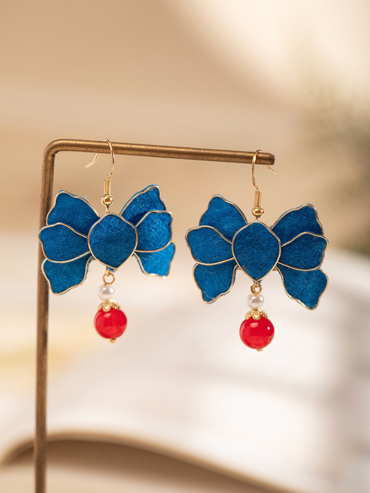 Blue Velvet Earrings Retro Floral Women Cheongsam Ear Accessories