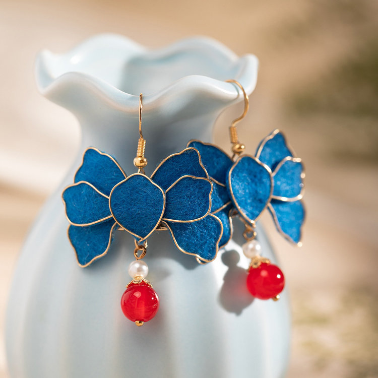 Blue Velvet Earrings Retro Floral Women Cheongsam Ear Accessories