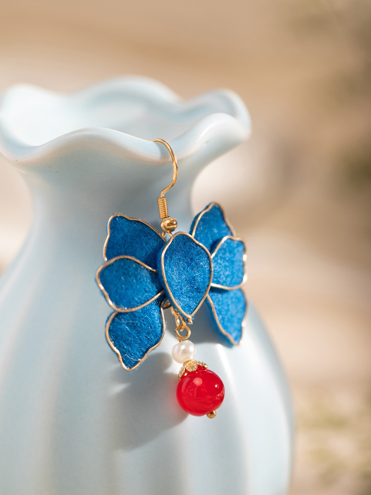 Blue Velvet Earrings Retro Floral Women Cheongsam Ear Accessories