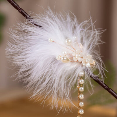 Hanfu Hair Accessory Pearl Feather Tassel Hair Clip - White Headpiece