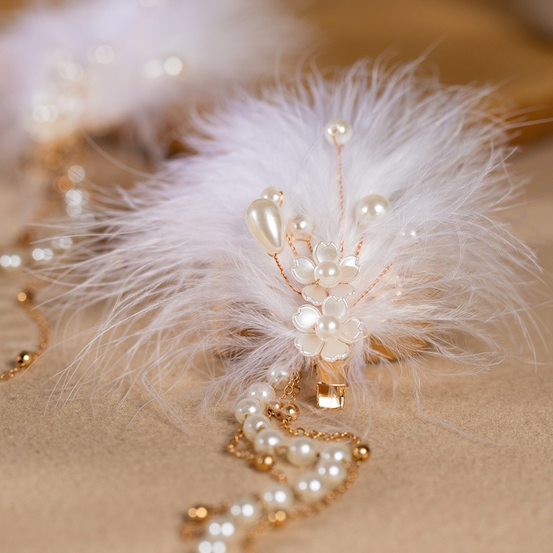 Hanfu-Hair-Accessory-Pearl-Feather-Tassel-Hair-Clip---White-Headpiece-3 Hanfu Hair Accessory Pearl Feather Tassel Hair Clip - White Headpiece