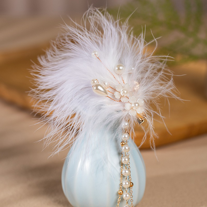 Hanfu-Hair-Accessory-Pearl-Feather-Tassel-Hair-Clip---White-Headpiece-4 Hanfu Hair Accessory Pearl Feather Tassel Hair Clip - White Headpiece