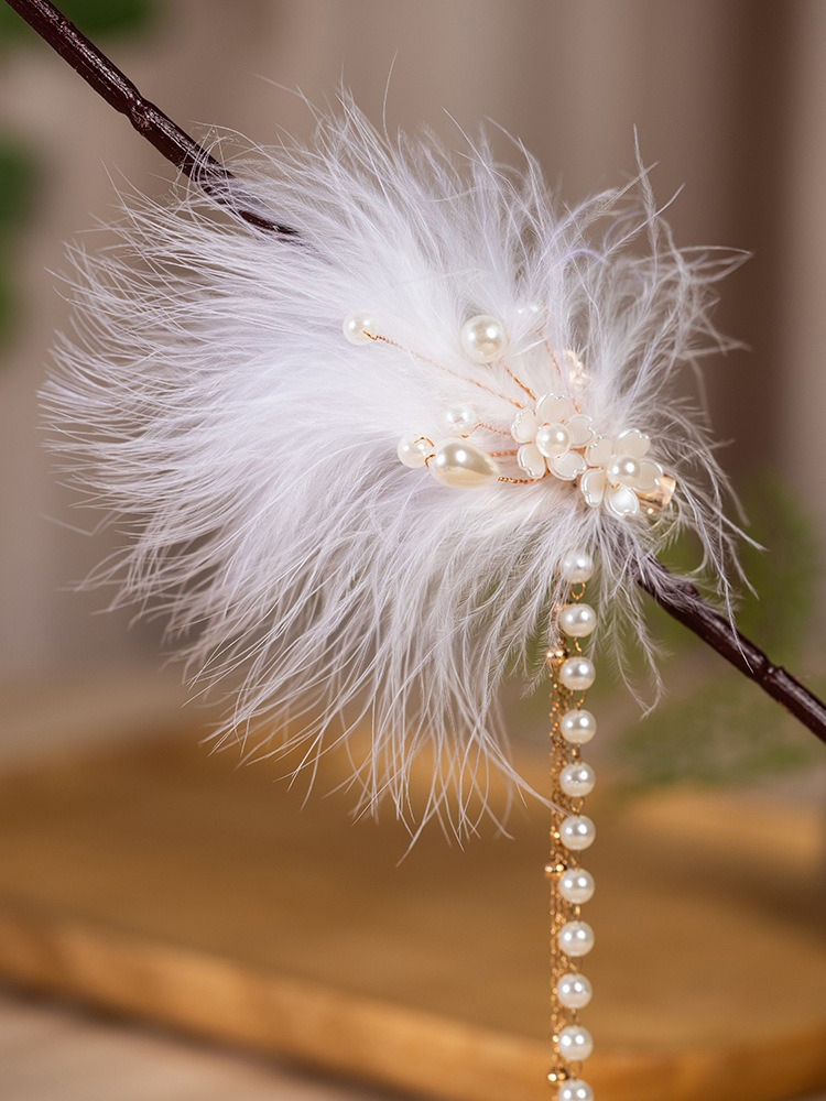 Hanfu Hair Accessory Pearl Feather Tassel Hair Clip - White Headpiece