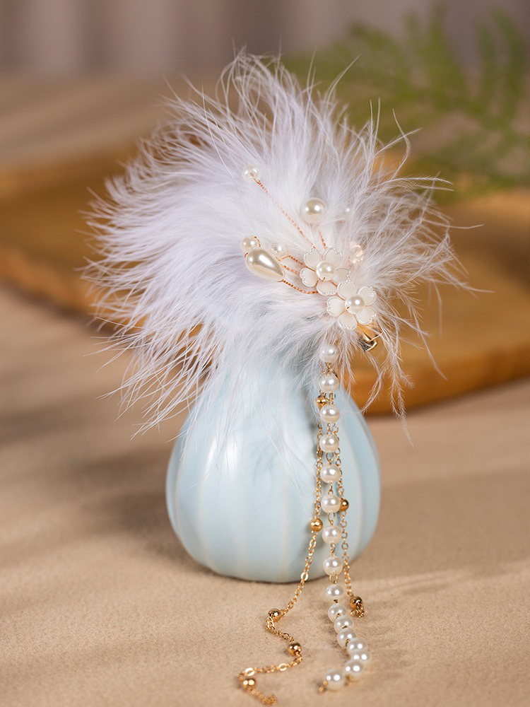 Hanfu Hair Accessory Pearl Feather Tassel Hair Clip - White Headpiece