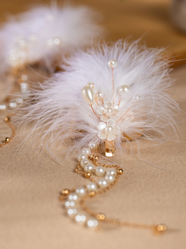 Hanfu Hair Accessory Pearl Feather Tassel Hair Clip - White Headpiece