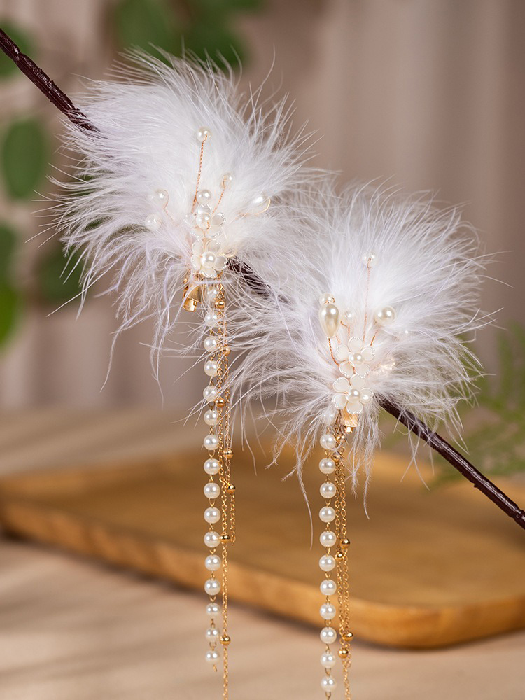 Hanfu Hair Accessory Pearl Feather Tassel Hair Clip - White Headpiece