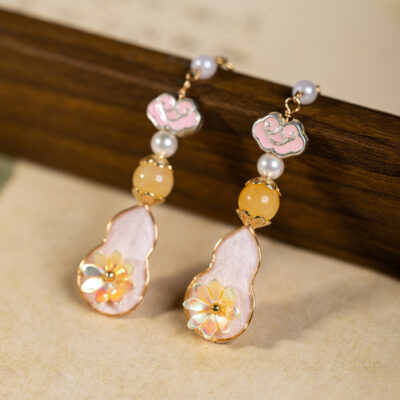 Hanfu Velvet Flower Earrings Pink Gourd Cheongsam Drop Earrings