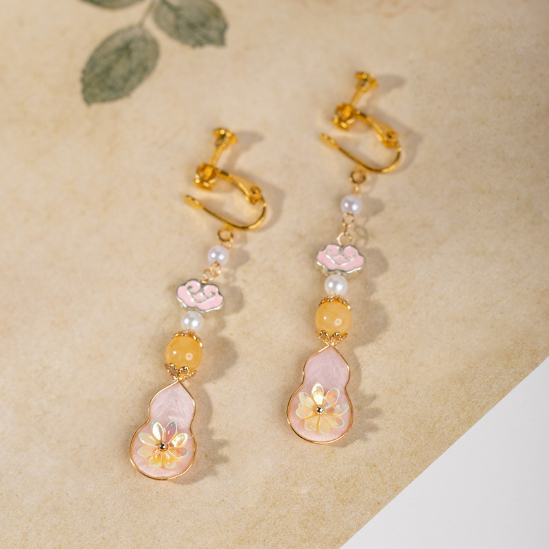 Hanfu-Velvet-Flower-Earrings-Pink-Gourd-Cheongsam-Drop-Earrings-4 Hanfu Velvet Flower Earrings Pink Gourd Cheongsam Drop Earrings