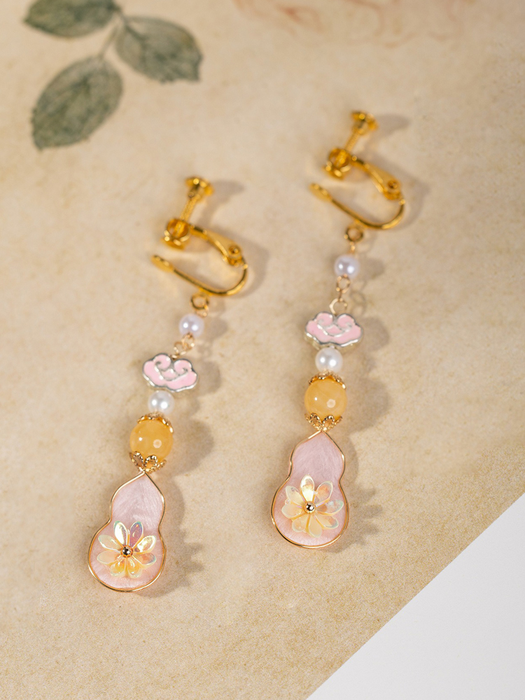 Hanfu Velvet Flower Earrings Pink Gourd Cheongsam Drop Earrings