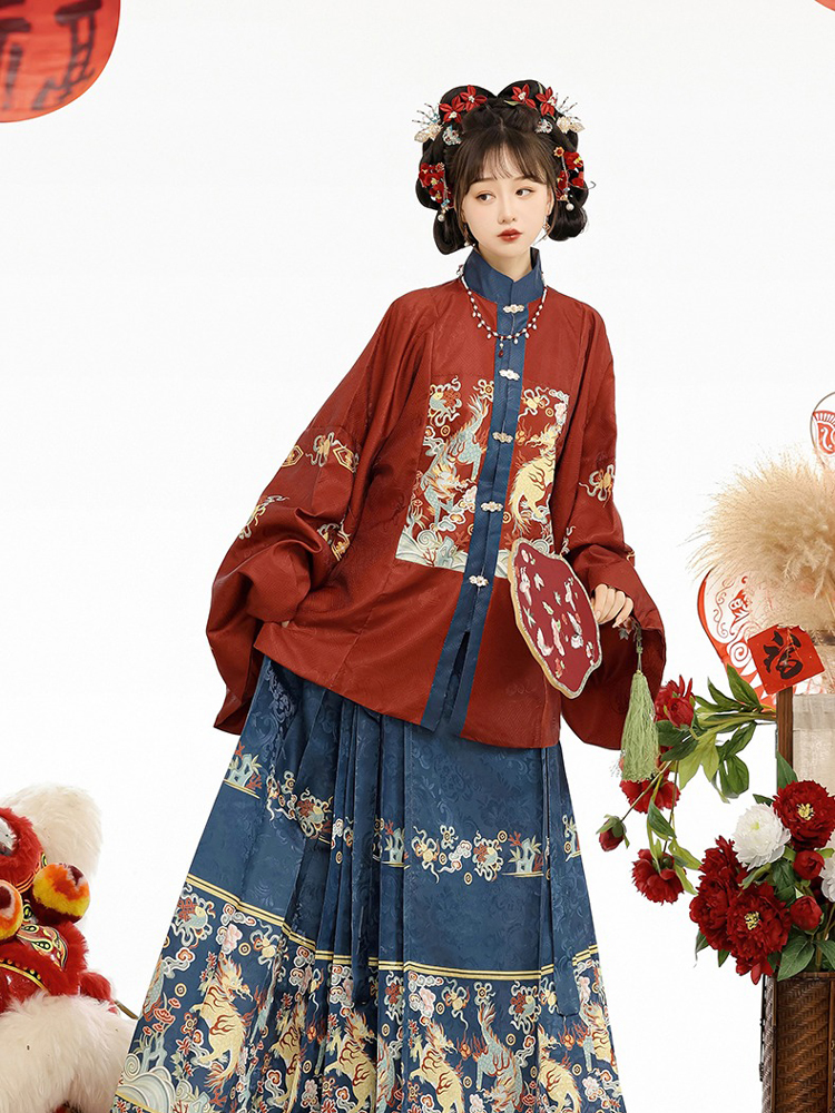 Women Winter Hanfu Ming Dynasty Short Bijia Top with Butterfly Skirt Set