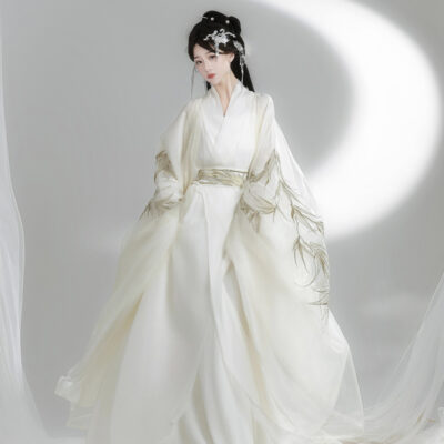 Wei-Jin Style Hanfu Women Cross-Collared Zhiju Embroidered Wide-Sleeve Dress For Wuxia