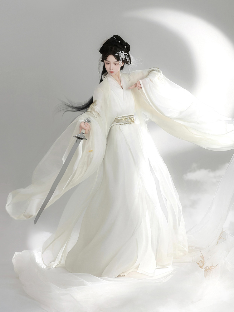 Wei-Jin Style Hanfu Women Cross-Collared Zhiju Embroidered Wide-Sleeve Dress For Wuxia