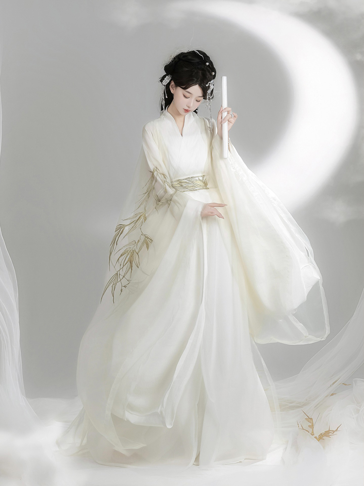 Wei-Jin Style Hanfu Women Cross-Collared Zhiju Embroidered Wide-Sleeve Dress For Wuxia