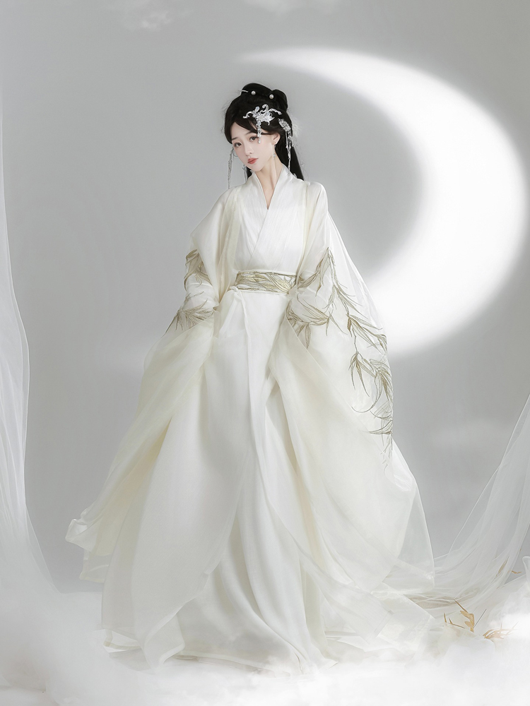 Wei-Jin Style Hanfu Women Cross-Collared Zhiju Embroidered Wide-Sleeve Dress For Wuxia