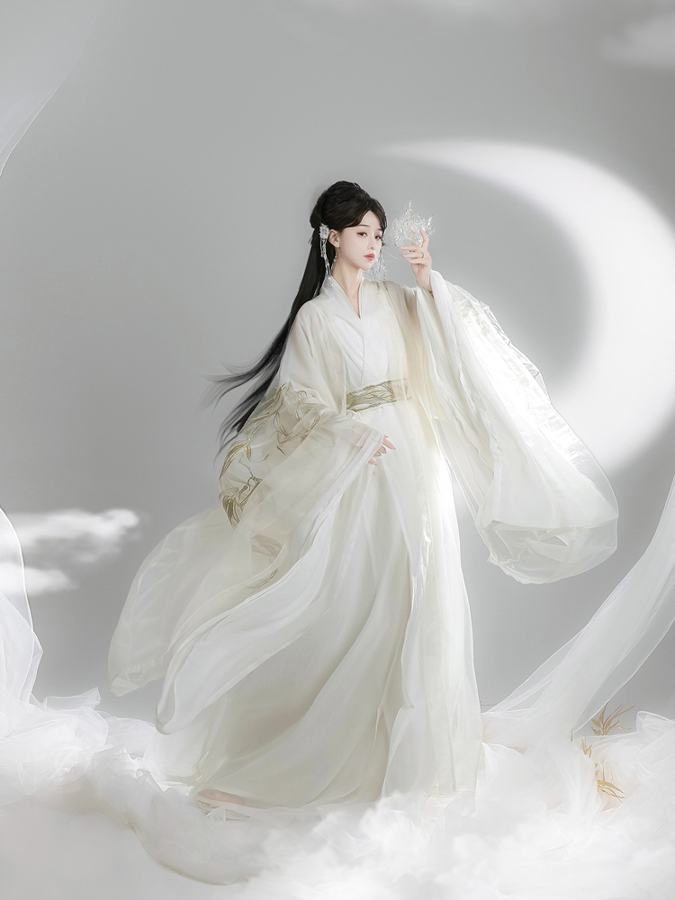Wei-Jin Style Hanfu Women Cross-Collared Zhiju Embroidered Wide-Sleeve Dress For Wuxia