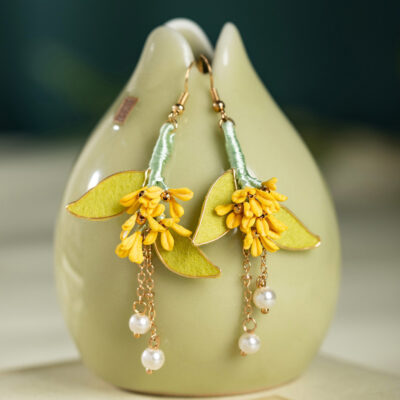 Women Hanfu Earrings Handmade Osmanthus Enamel Velvet