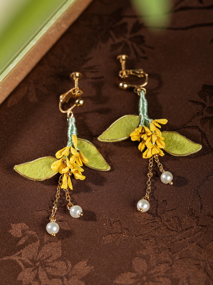 Women Hanfu Earrings Handmade Osmanthus Enamel Velvet