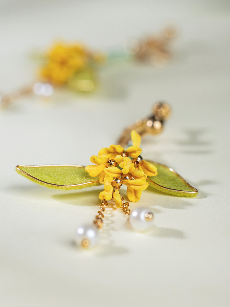 Women Hanfu Earrings Handmade Osmanthus Enamel Velvet