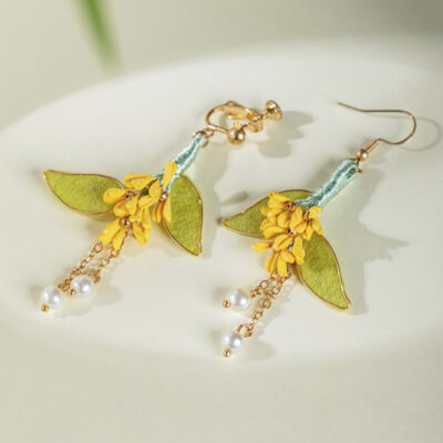 Women Hanfu Earrings Handmade Osmanthus Enamel Velvet