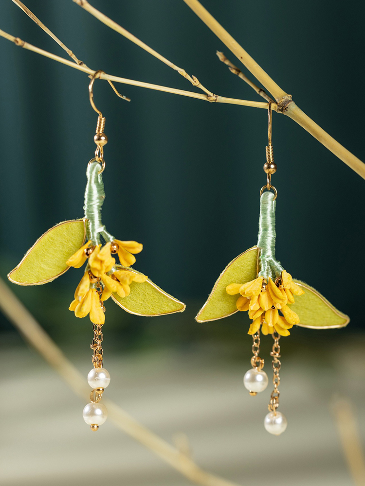 Women Hanfu Earrings Handmade Osmanthus Enamel Velvet