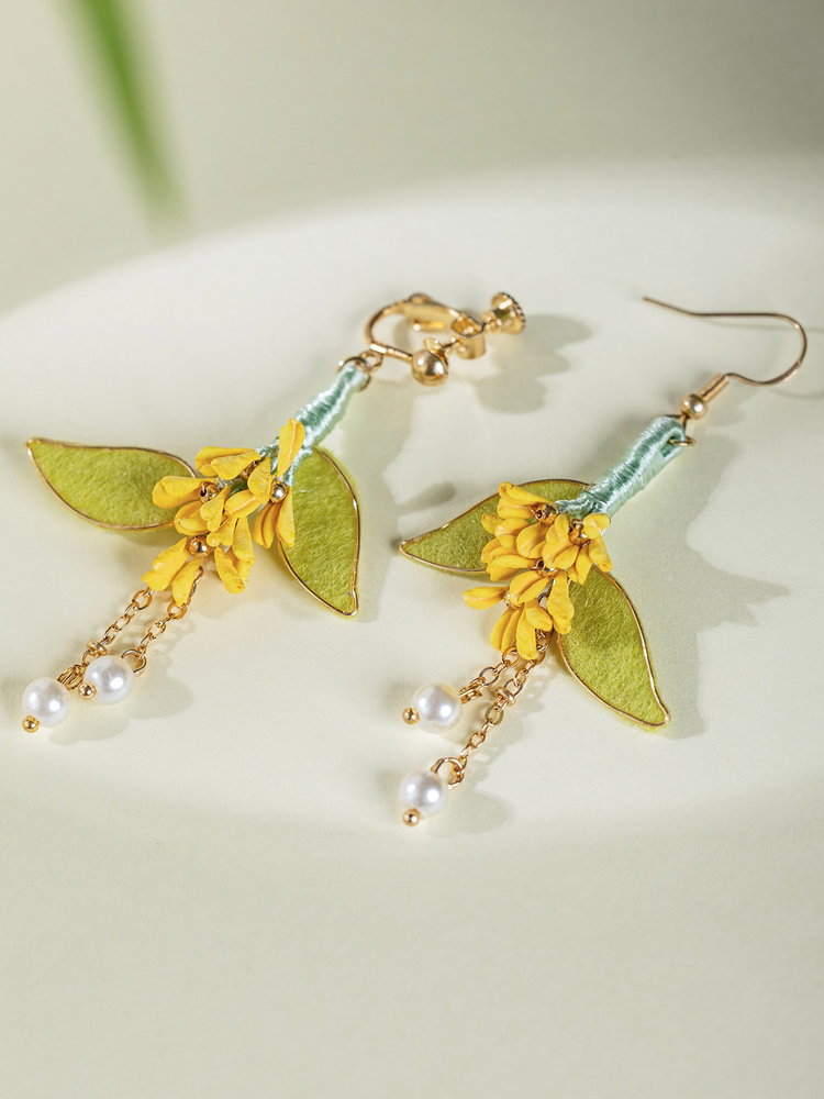 Women Hanfu Earrings Handmade Osmanthus Enamel Velvet
