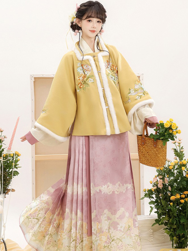Women Ming Dynasty Winter Hanfu Square-Neck Top Thickened Casual Set