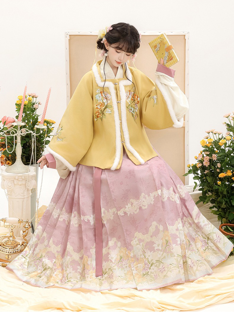 Women Ming Dynasty Winter Hanfu Square-Neck Top Thickened Casual Set