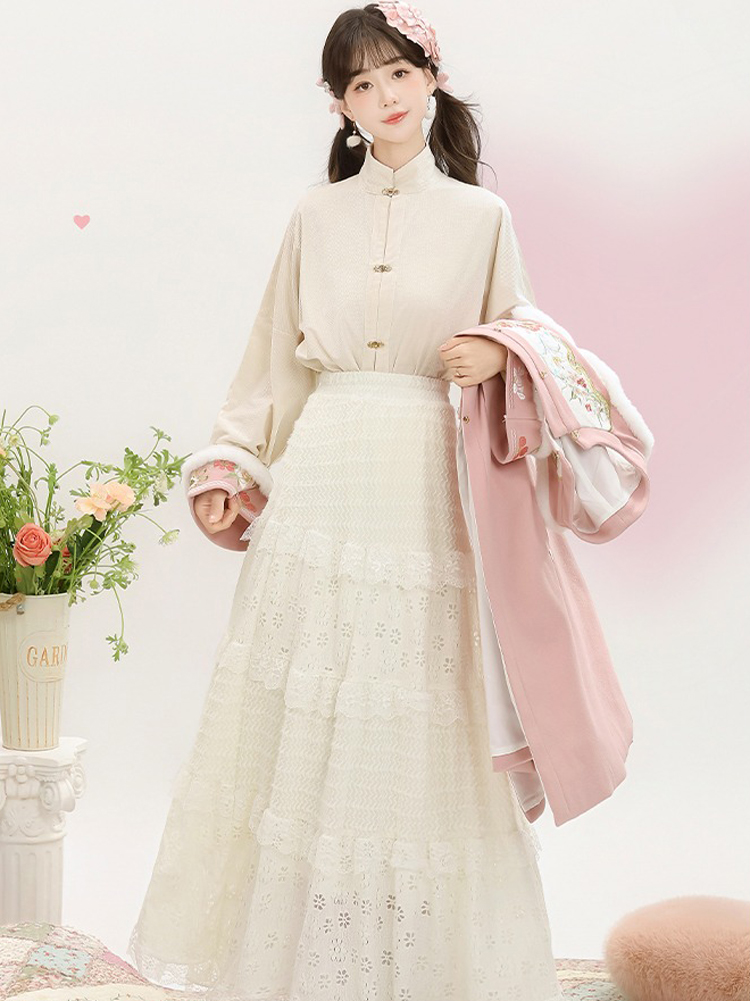 Women Winter Hanfu Long-Length Ming Dynasty-Style Hanfu in Pink Bijia