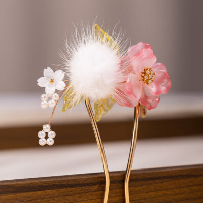 Ethereal Pink Floral Hairpin Tang Dynasty Style Hanfu Hair Accessory
