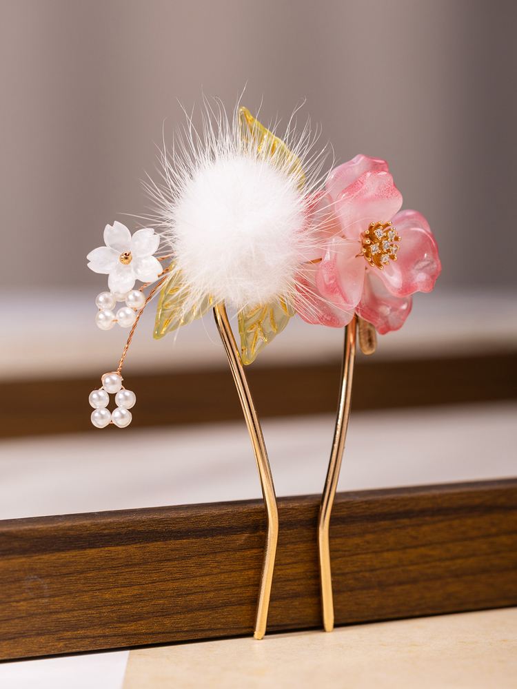 Ethereal Pink Floral Hairpin Tang Dynasty Style Hanfu Hair Accessory