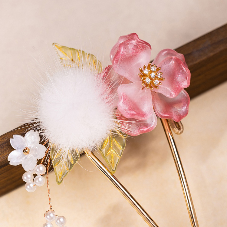 Ethereal Pink Floral Hairpin Tang Dynasty Style Hanfu Hair Accessory