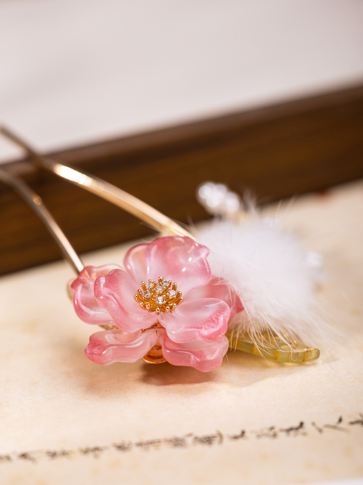 Ethereal Pink Floral Hairpin Tang Dynasty Style Hanfu Hair Accessory
