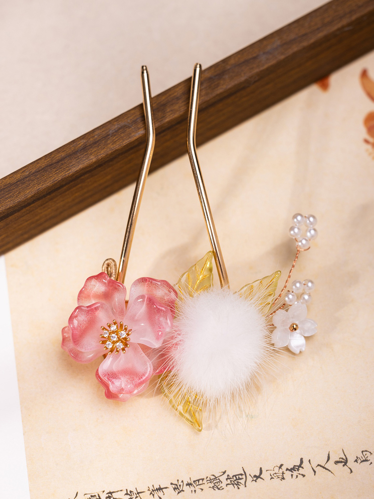 Ethereal Pink Floral Hairpin Tang Dynasty Style Hanfu Hair Accessory