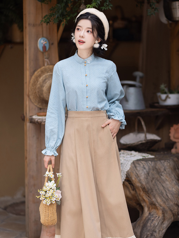 Women Autumn Bijia Hanfu Set Stand-Collar Shirt Set