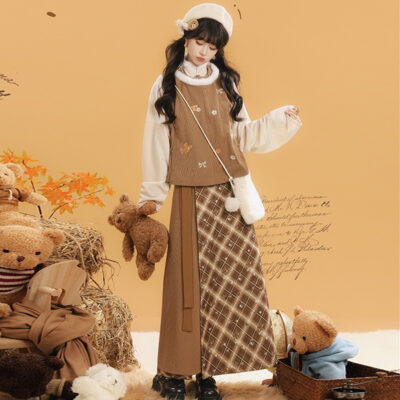 Women Winter Fashion Hanfu Round Neck Brown Daily Set