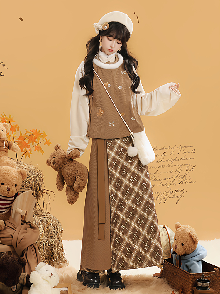 Women Winter Fashion Hanfu Round Neck Brown Daily Set