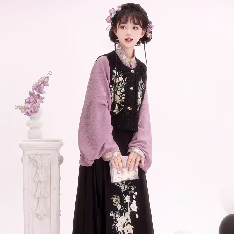 Women-Winter-Hanfu-Purple-Daily-Set-with-Mamian-Skirt-1 Women Winter Hanfu Purple Daily Set with Mamian Skirt