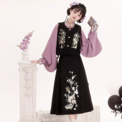 Women Winter Hanfu Purple Daily Set with Mamian Skirt