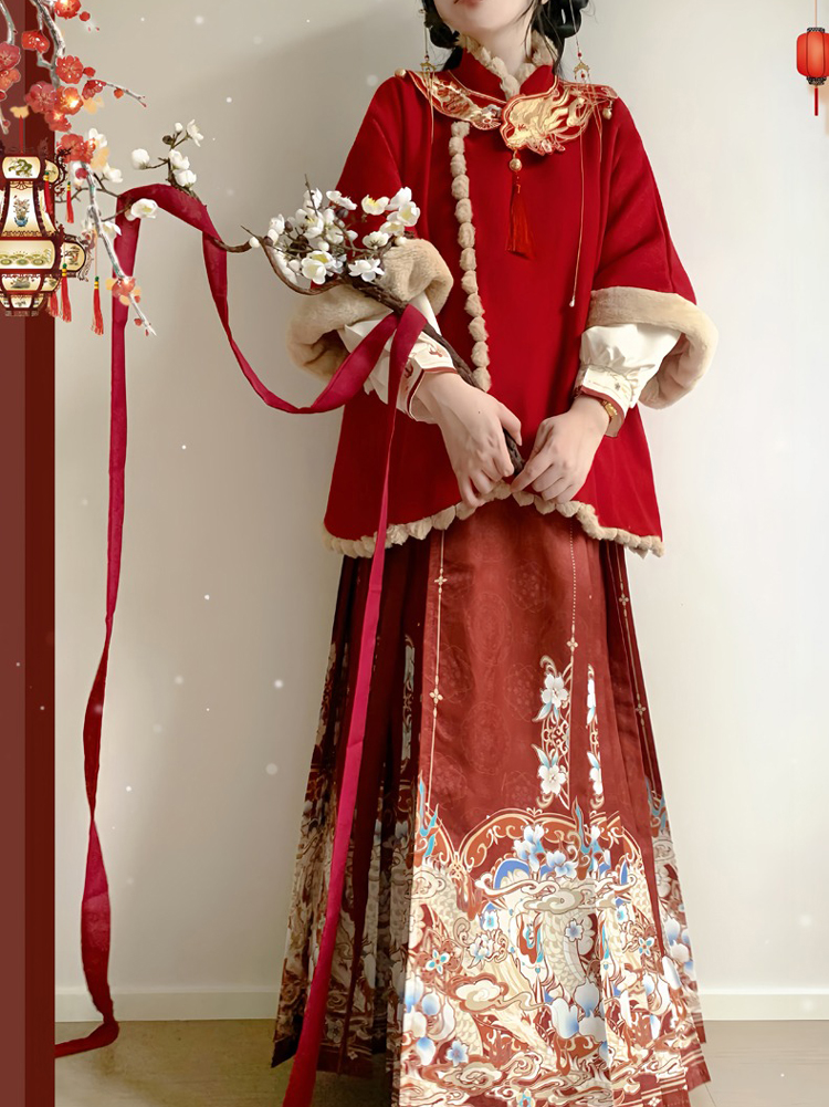 Women Winter Hanfu Red New Year Attire with Mamian Skirt