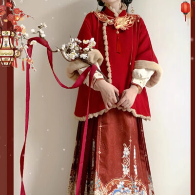 Women Winter Hanfu Red New Year Attire with Mamian Skirt