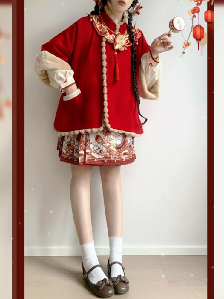 Women Winter Hanfu Red New Year Attire with Mamian Skirt