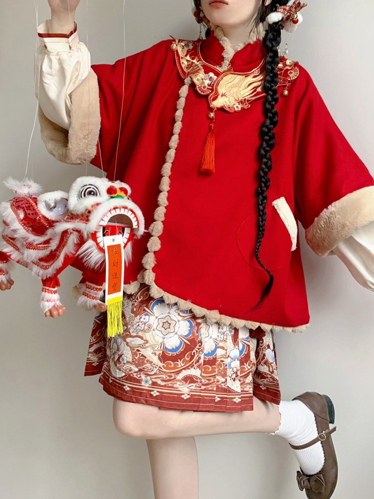 Women Winter Hanfu Red New Year Attire with Mamian Skirt