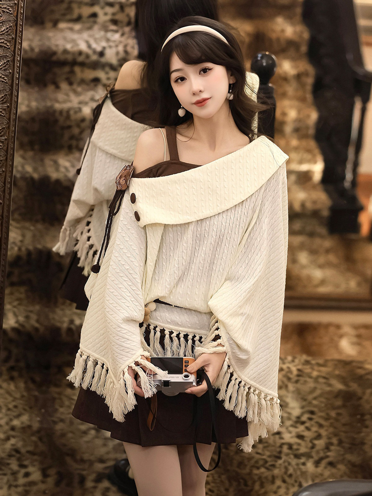 Autumn Women Fashionable Han Elements Cape Skirt Set