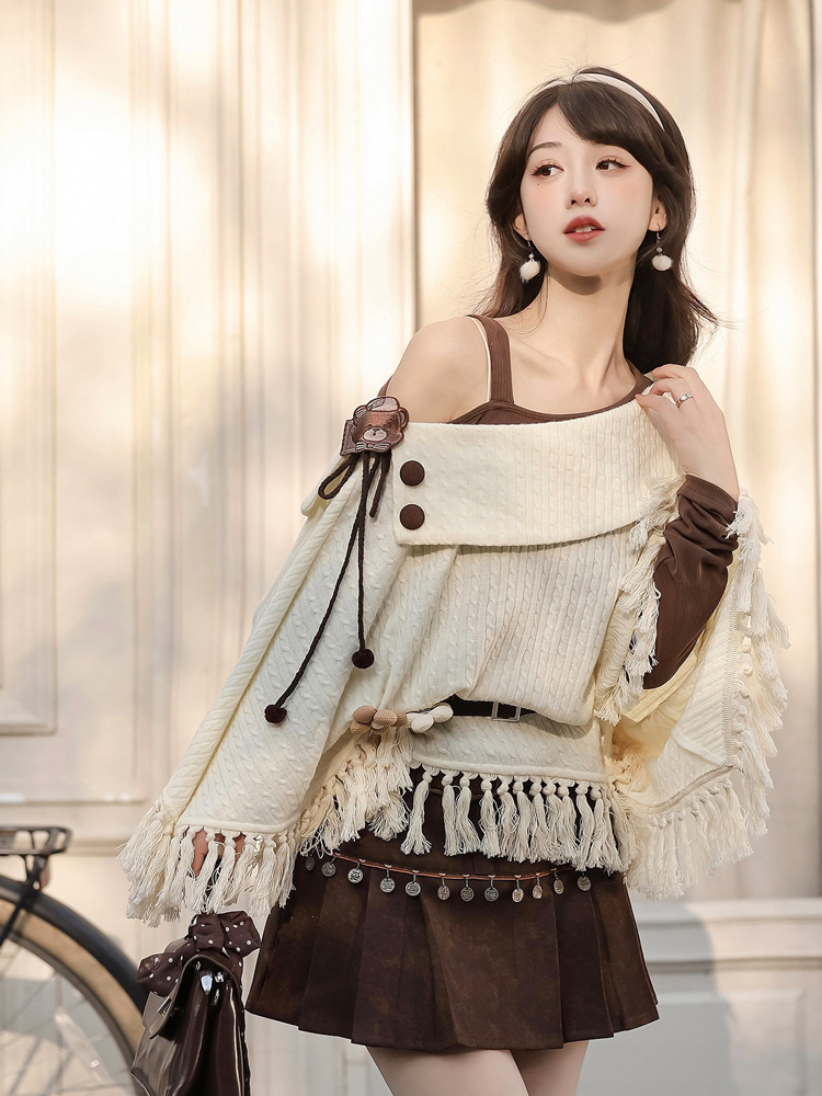 Autumn Women Fashionable Han Elements Cape Skirt Set